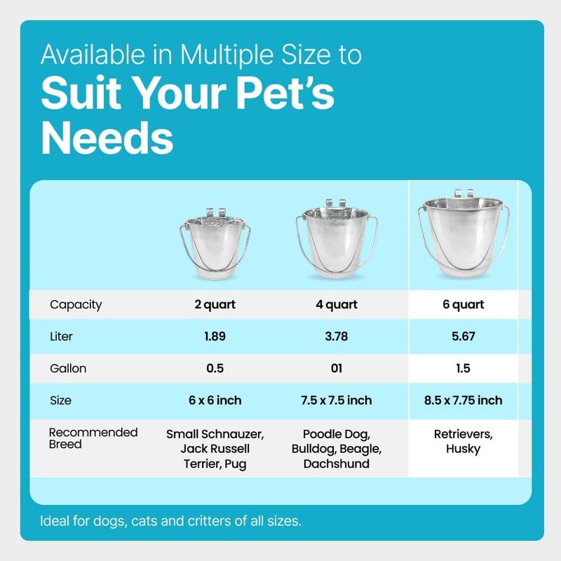 PetYupp Heavy Duty Stainless Steel Flat Side Bucket w/Hooks 1.5 Gallon - 6 Quart Metal Bucket for Feeding & Watering Pets, Livestock & Cleaning - Perfect for Crates, Kennels, Cages & Hang on Fences - Image 4